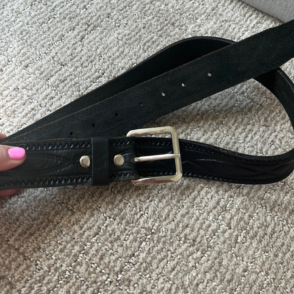 Vintage black leather belt with square silver buckle men/women